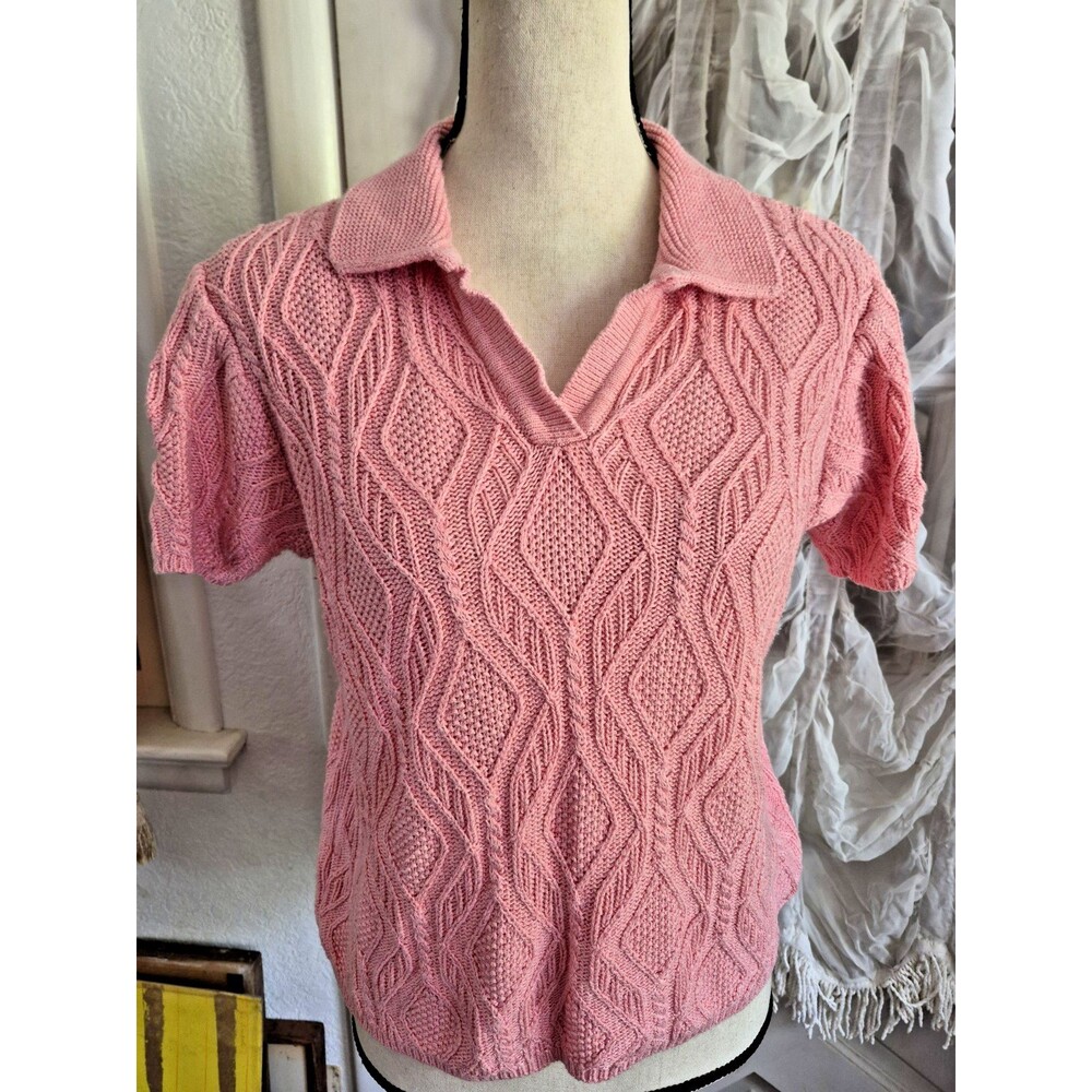 Liz Claiborne Short Sleeve Polo Sweater Knitted Women L Peachy Pink